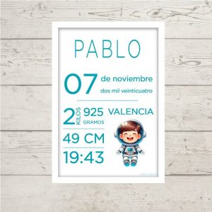 Lámina de Nacimiento Astronauta - Con nombre, fecha y peso del bebé