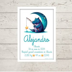 Lámina de Nacimiento Hipopótamo - Con nombre, fecha y peso del bebé