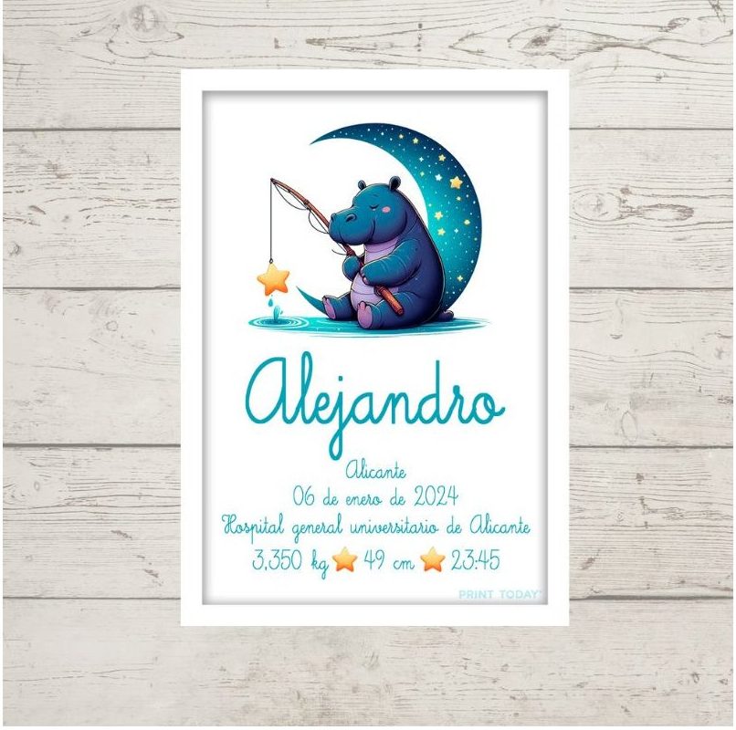 Lámina de Nacimiento Hipopótamo - Con nombre, fecha y peso del bebé