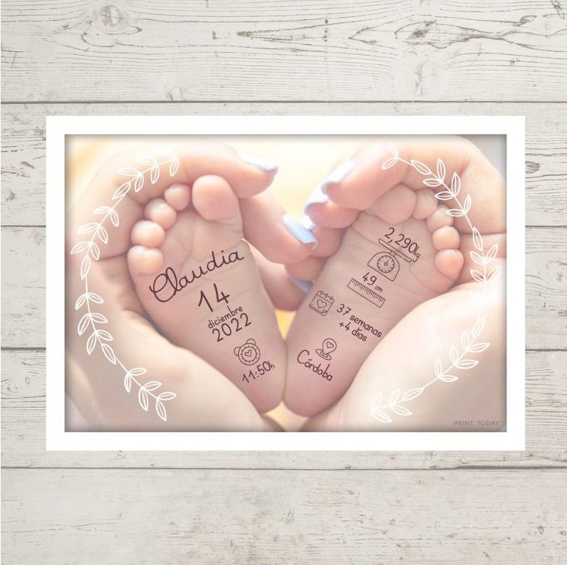 Lámina de Nacimiento Pies bebé - Con nombre, fecha y peso del bebé