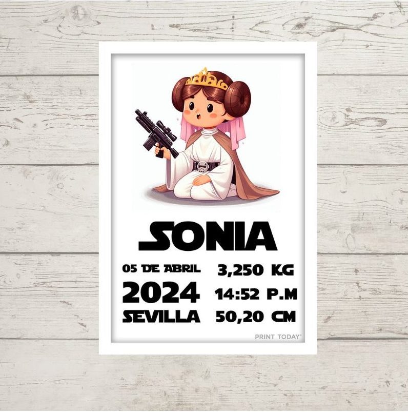 Lámina de Nacimiento Princess Leia - Con nombre, fecha y peso del bebé