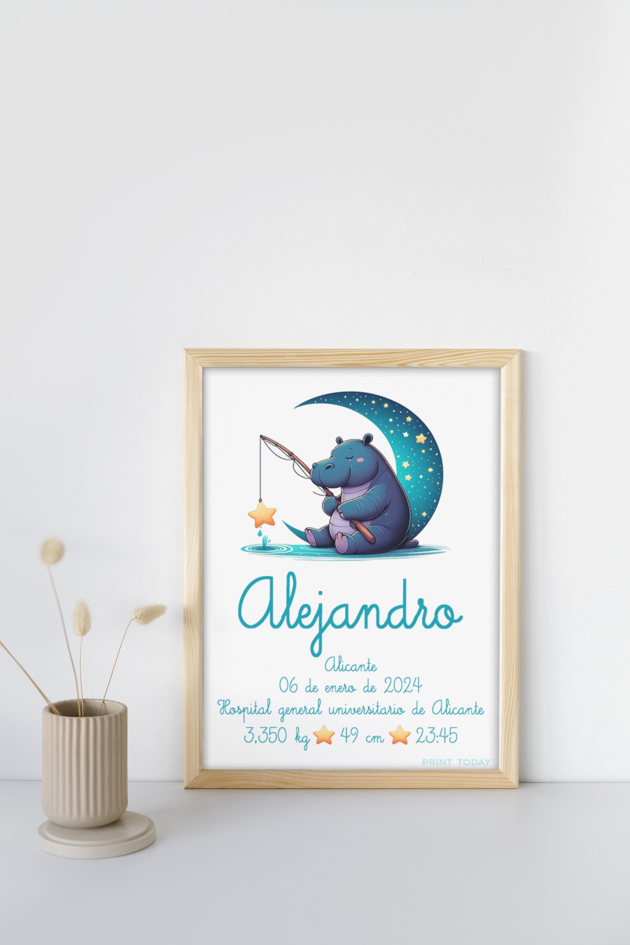 Lámina de Nacimiento Hipopótamo - Con nombre, fecha y peso del bebé - Imagen 2